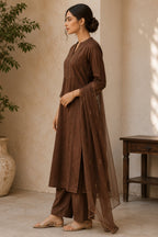 Earthy Brown Pin Tucked Cotton Straight Cut Suit