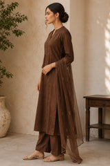 Earthy Brown Pin Tucked Cotton Straight Cut Suit