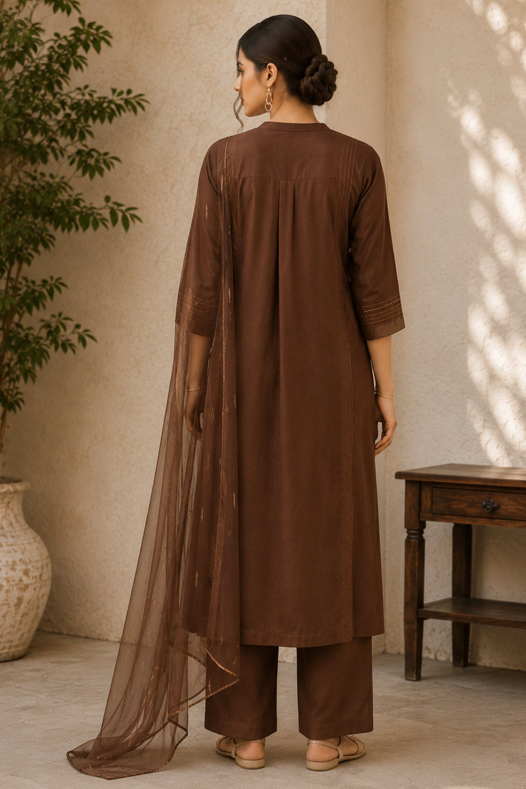 Earthy Brown Pin Tucked Cotton Straight Cut Suit