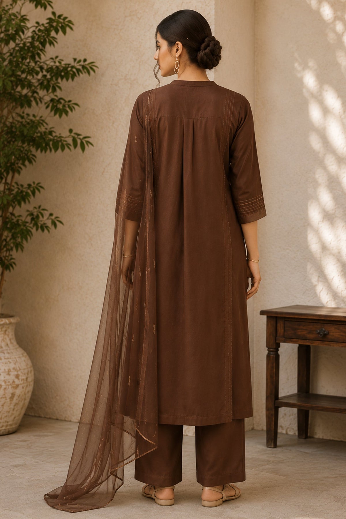 Earthy Brown Pin Tucked Cotton Straight Cut Suit