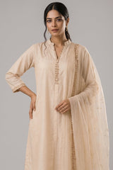 Off White Cotton Straight Cut Embroidered Suit