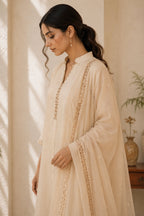 Off White Cotton Straight Cut Embroidered Suit