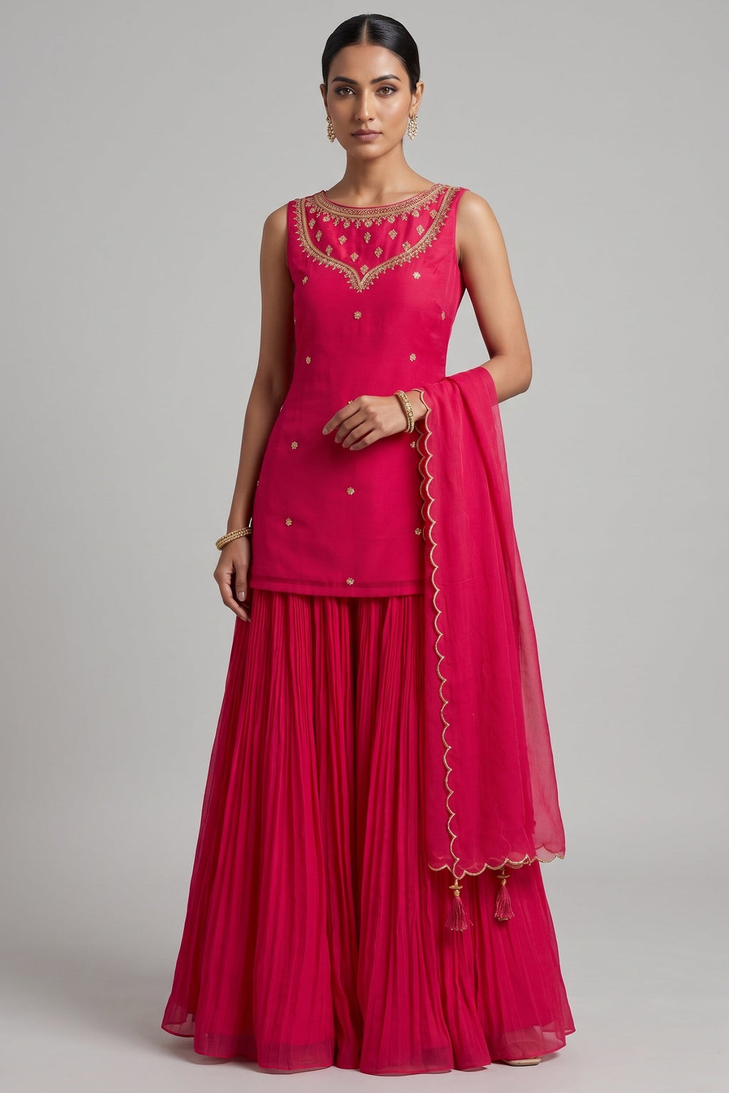 Magenta Pink Georgette Sharara Set with Embellished Yoke