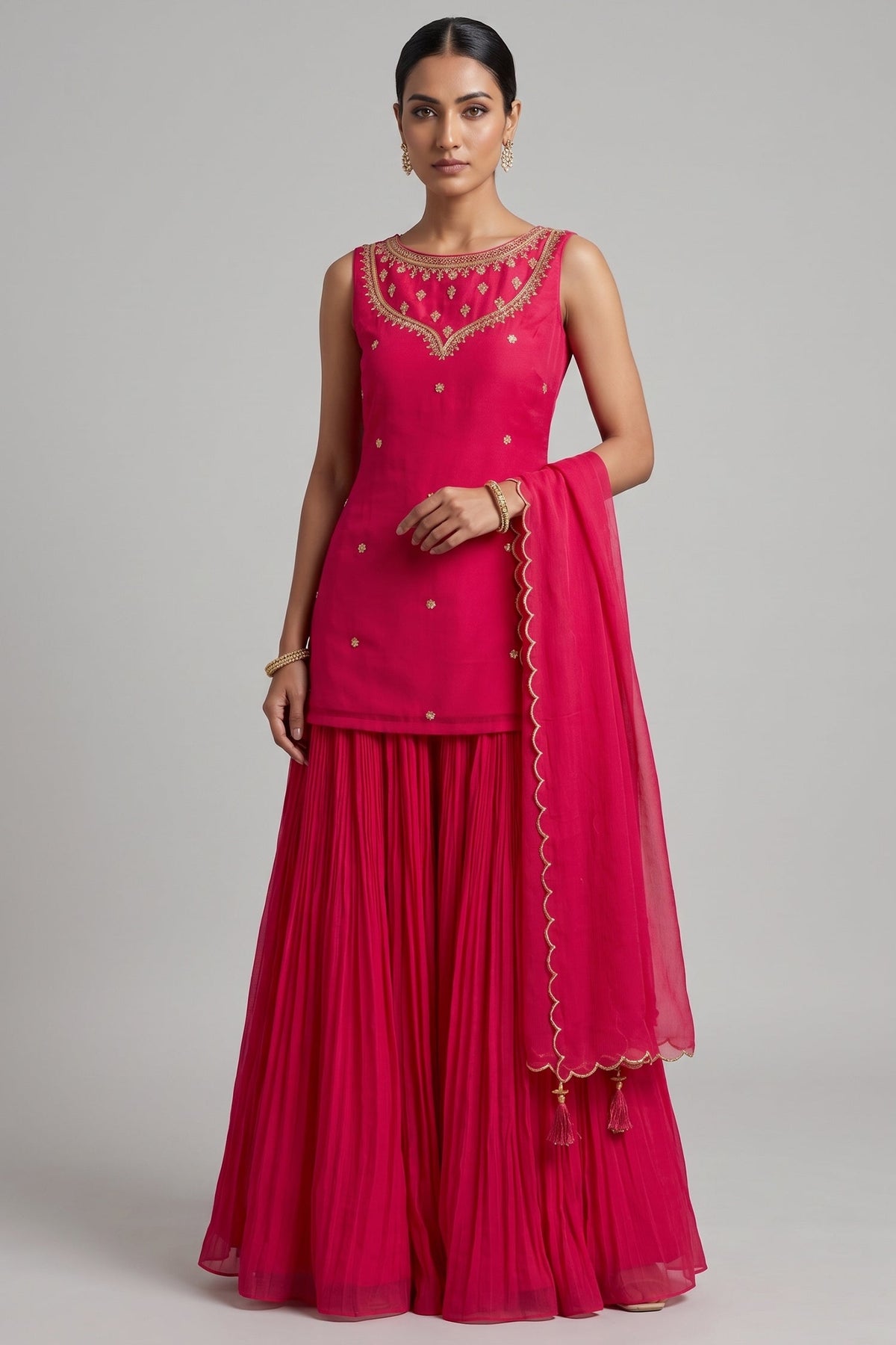 Magenta Pink Georgette Sharara Set with Embellished Yoke