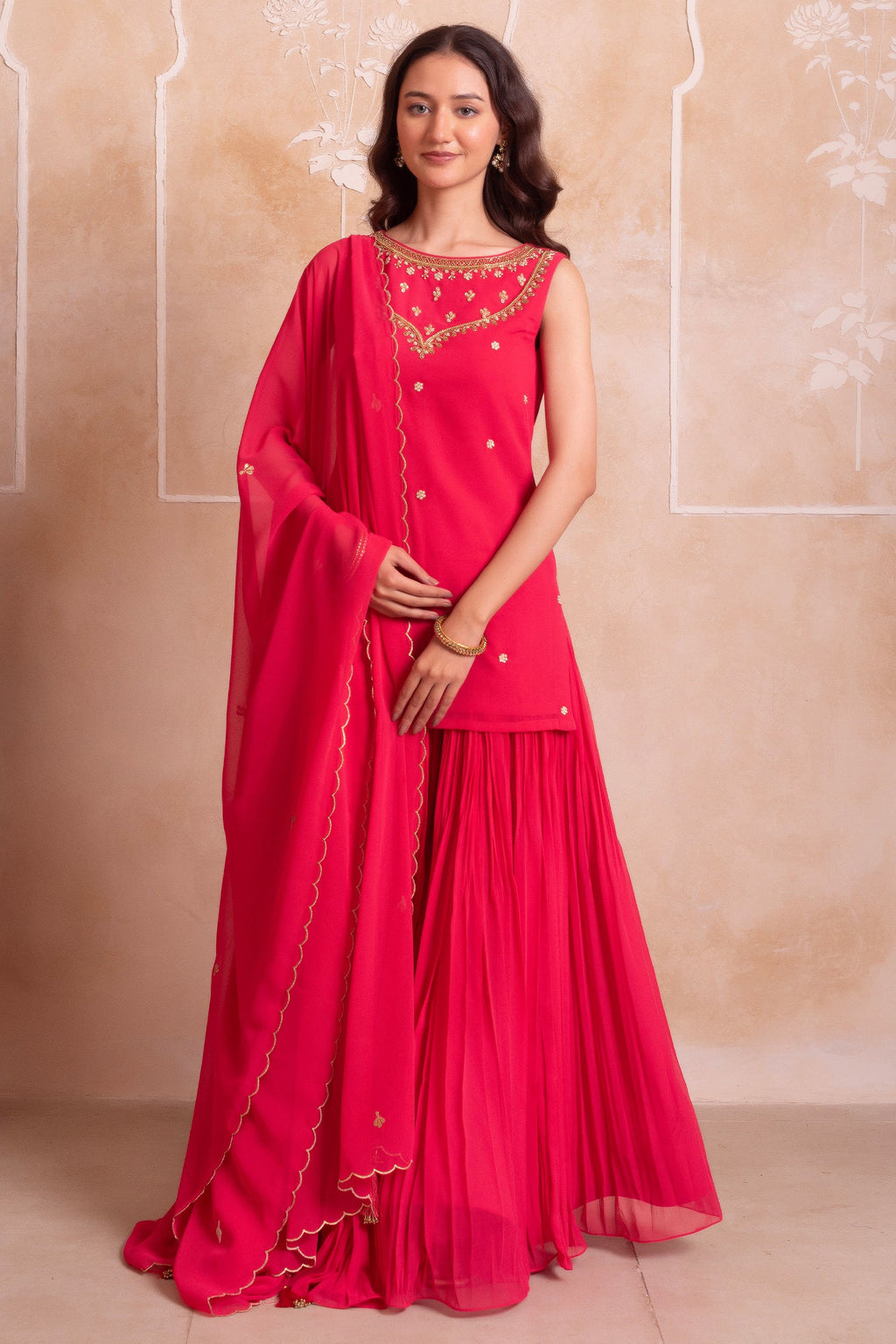 Magenta Pink Georgette Sharara Set with Embellished Yoke