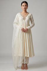 Off White Gold Embroidered Cotton Anarkali Suit