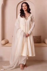 Off White Gold Embroidered Cotton Anarkali Suit