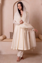 Off White Gold Embroidered Cotton Anarkali Suit
