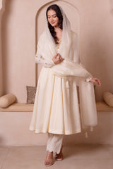 Off White Gold Embroidered Cotton Anarkali Suit