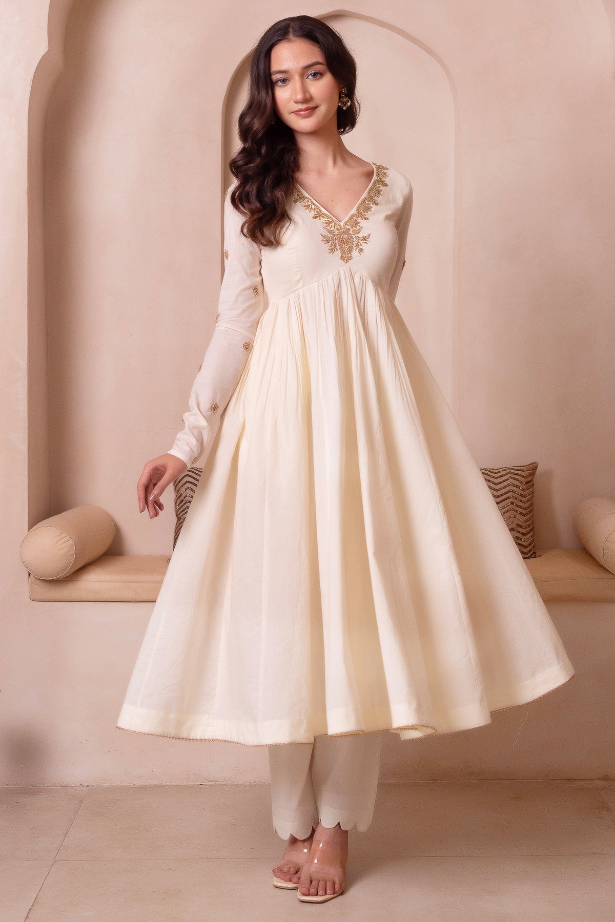 Off White Gold Embroidered Cotton Anarkali Suit