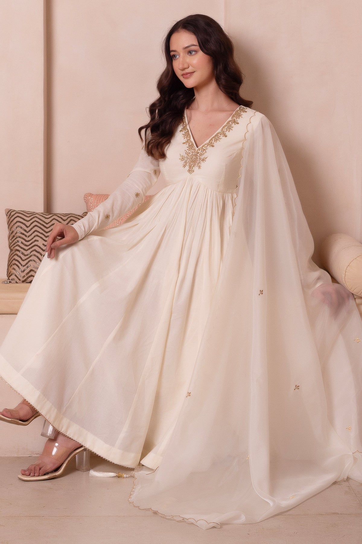 Off White Gold Embroidered Cotton Anarkali Suit
