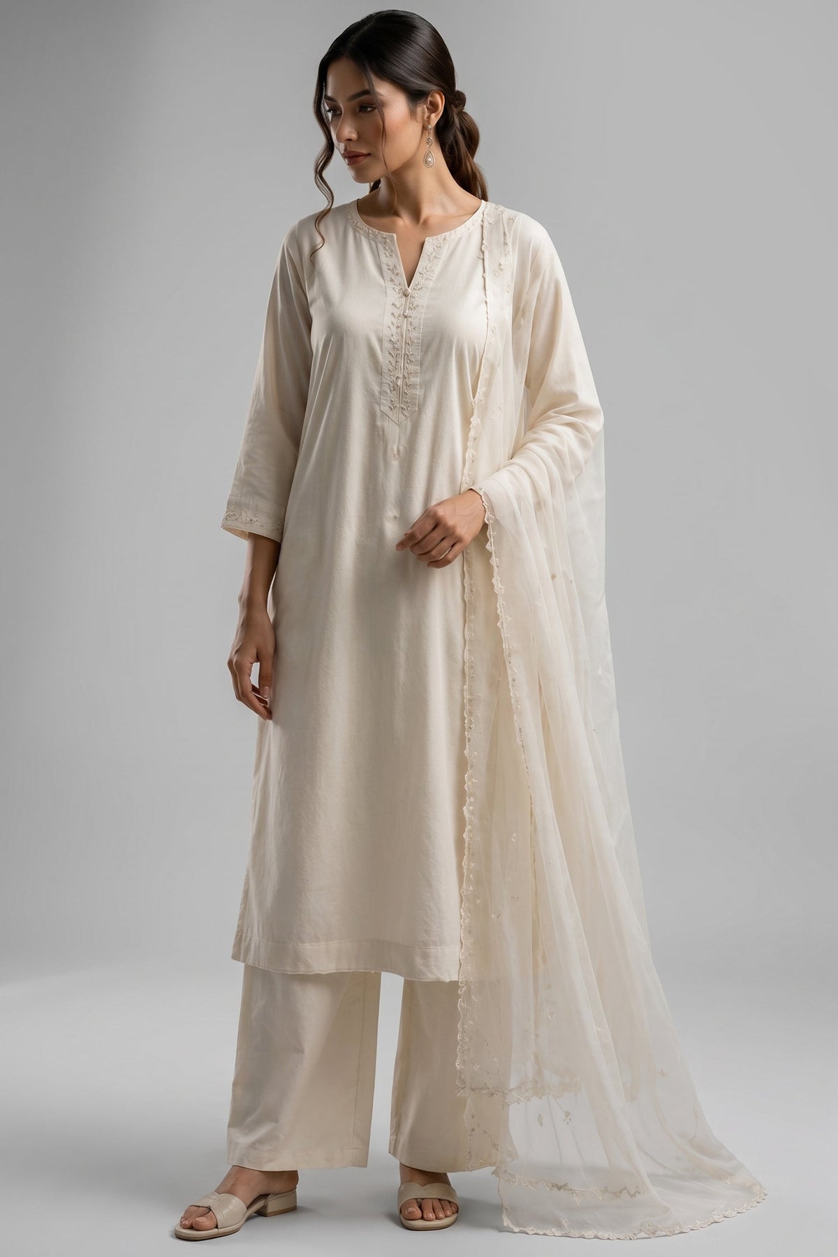White Cotton Suit with Intricate Threadwork Embroidery