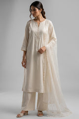White Cotton Suit with Intricate Threadwork Embroidery