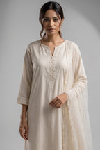 White Cotton Suit with Intricate Threadwork Embroidery