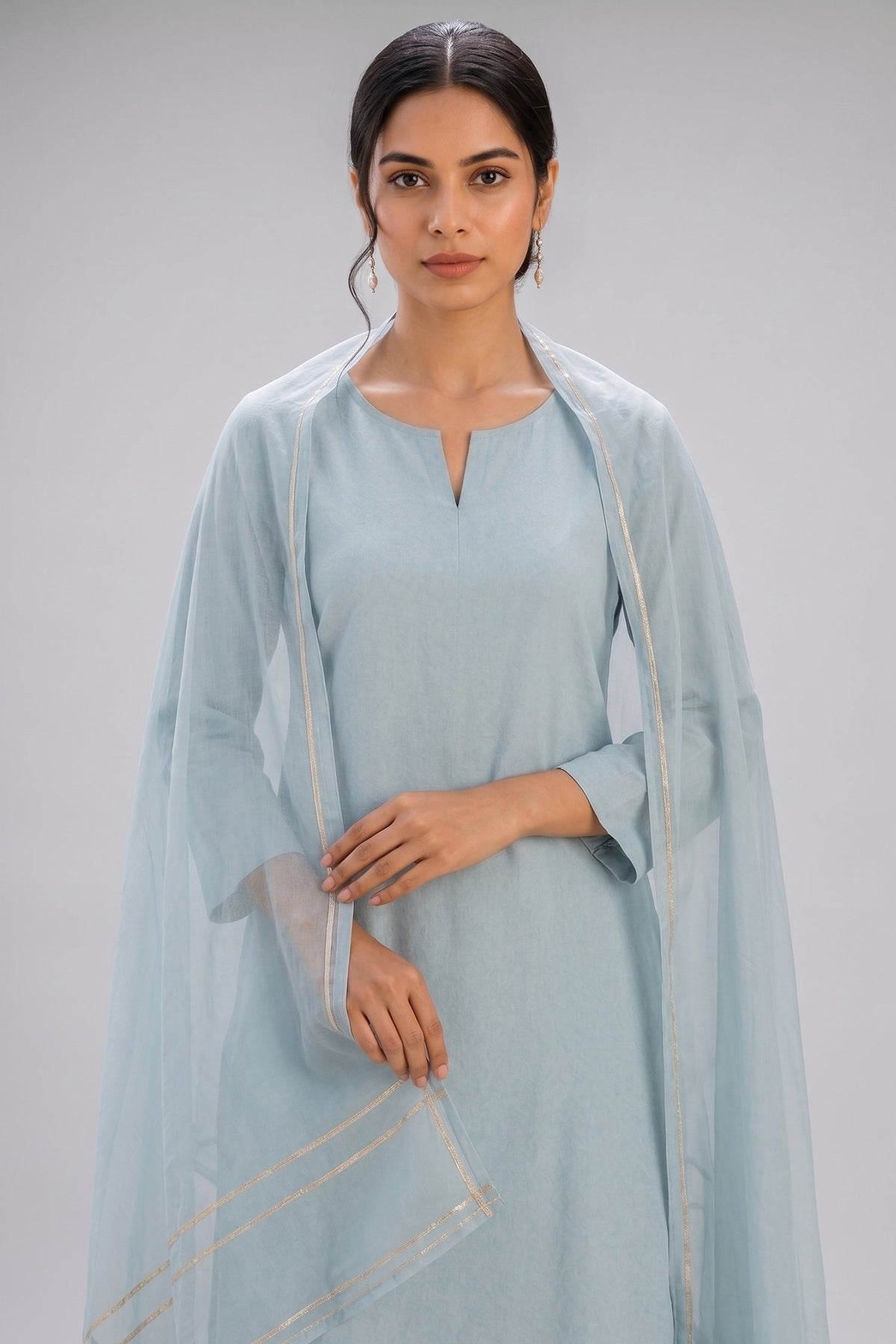 Powder Blue Pure Cotton Suit with Zari Border Dupatta
