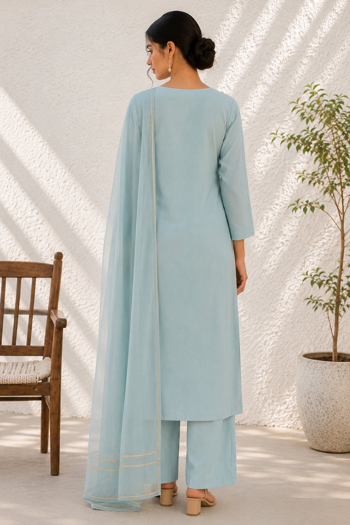 Powder Blue Pure Cotton Suit with Zari Border Dupatta