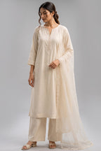 Off White Embroidered Cotton Straight Cut Suit