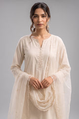Off White Embroidered Cotton Straight Cut Suit
