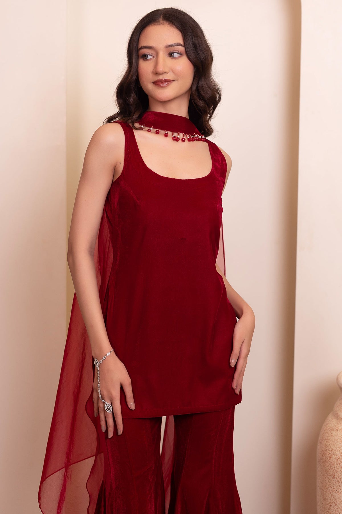 Wine Maroon Velvet Sharara Suit with Beaded Scarf Dupatta