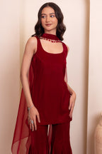 Wine Maroon Velvet Sharara Suit with Beaded Scarf Dupatta