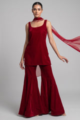Wine Maroon Velvet Sharara Suit with Beaded Scarf Dupatta