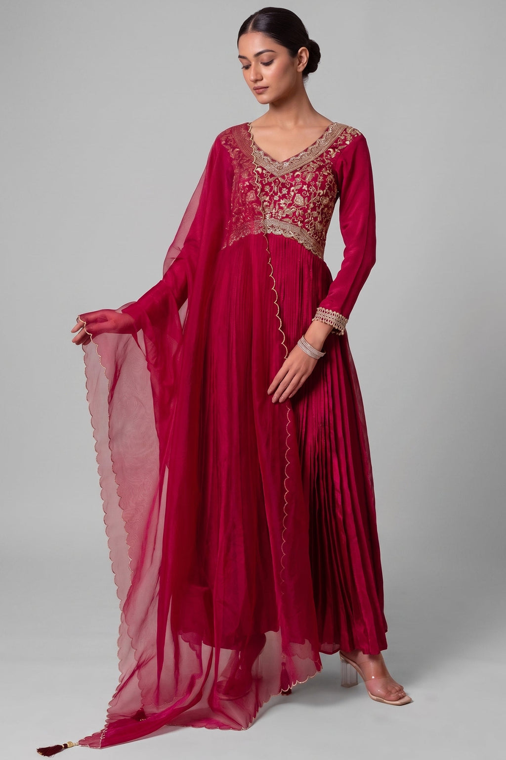 Maroon Chinon Silk Flared Embroidered Anarkali Suit