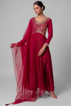 Maroon Chinon Silk Flared Embroidered Anarkali Suit