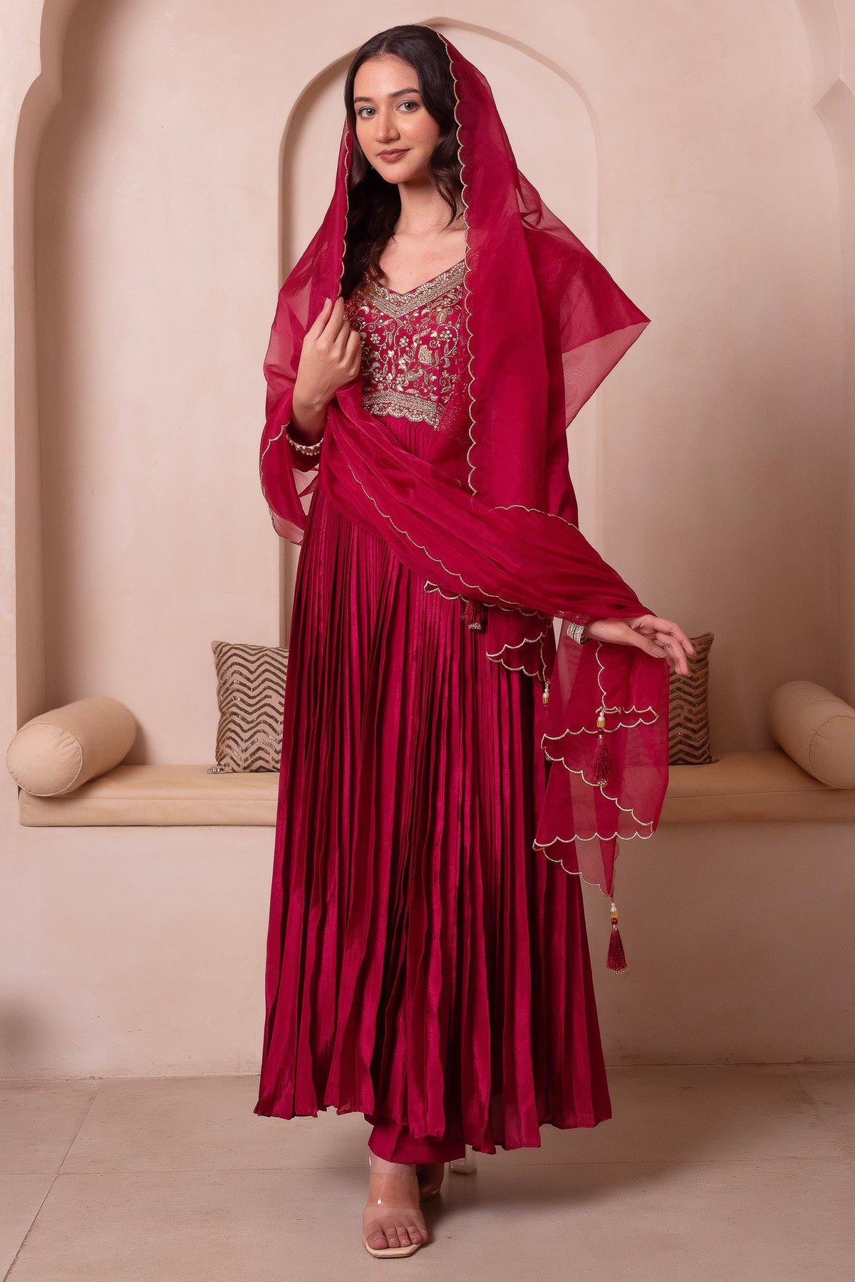 Maroon Chinon Silk Flared Embroidered Anarkali Suit