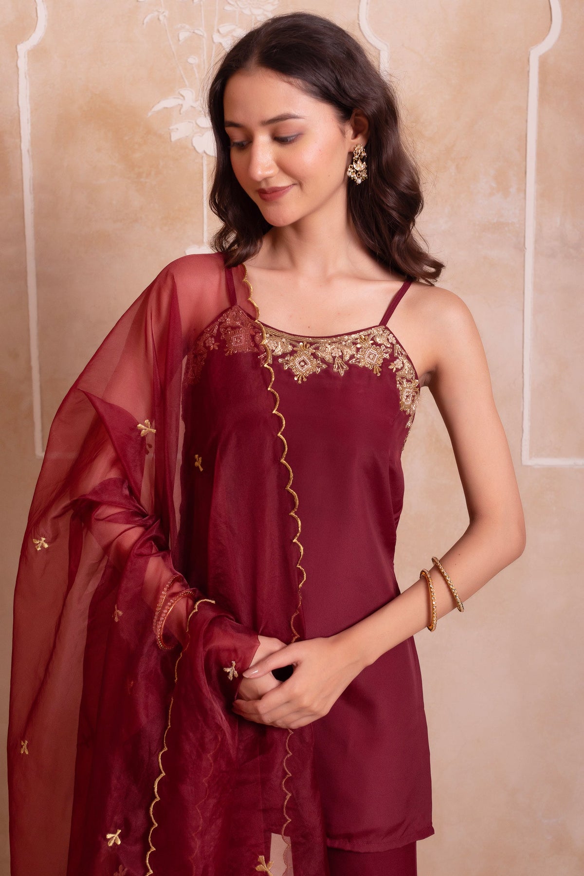 Wine Maroon Crepe Noodle Strap Sharara Suit