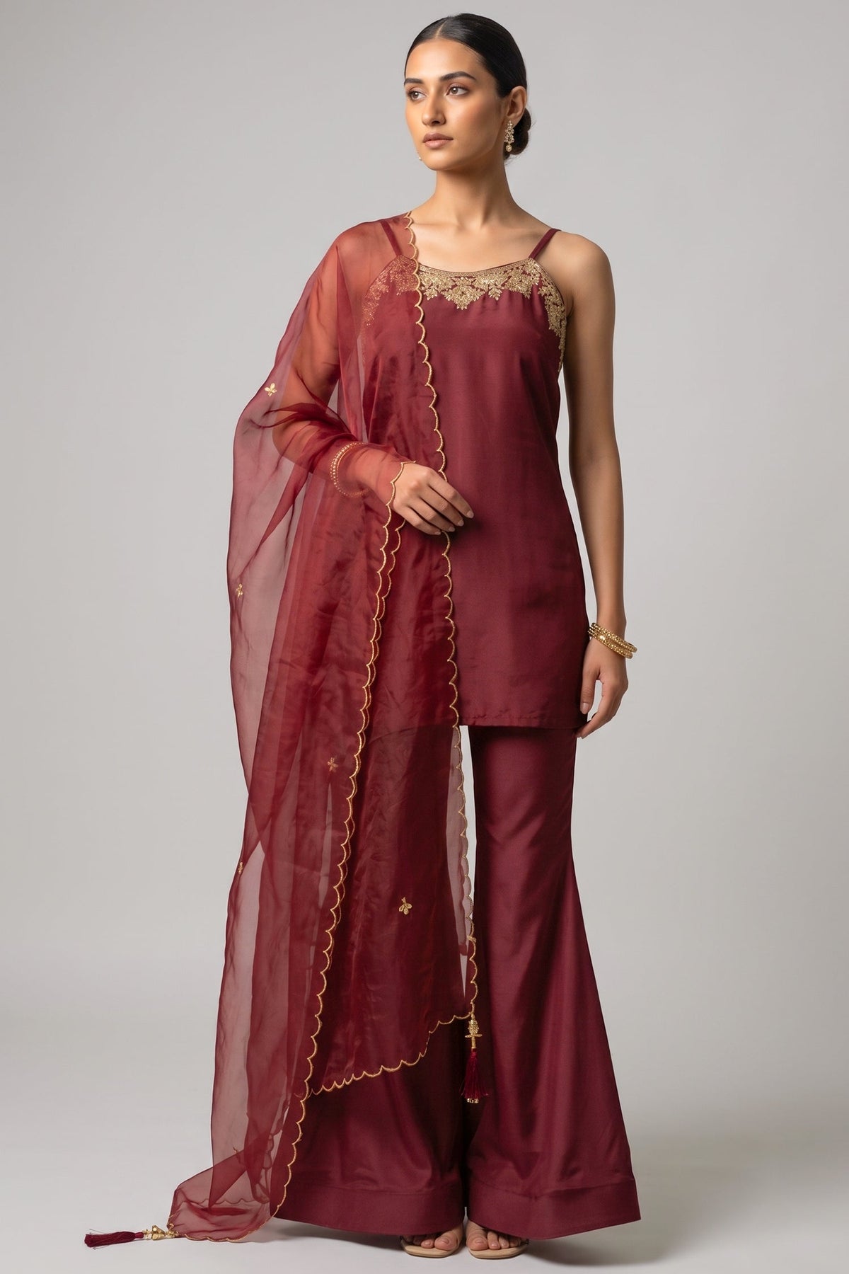 Wine Maroon Crepe Noodle Strap Sharara Suit