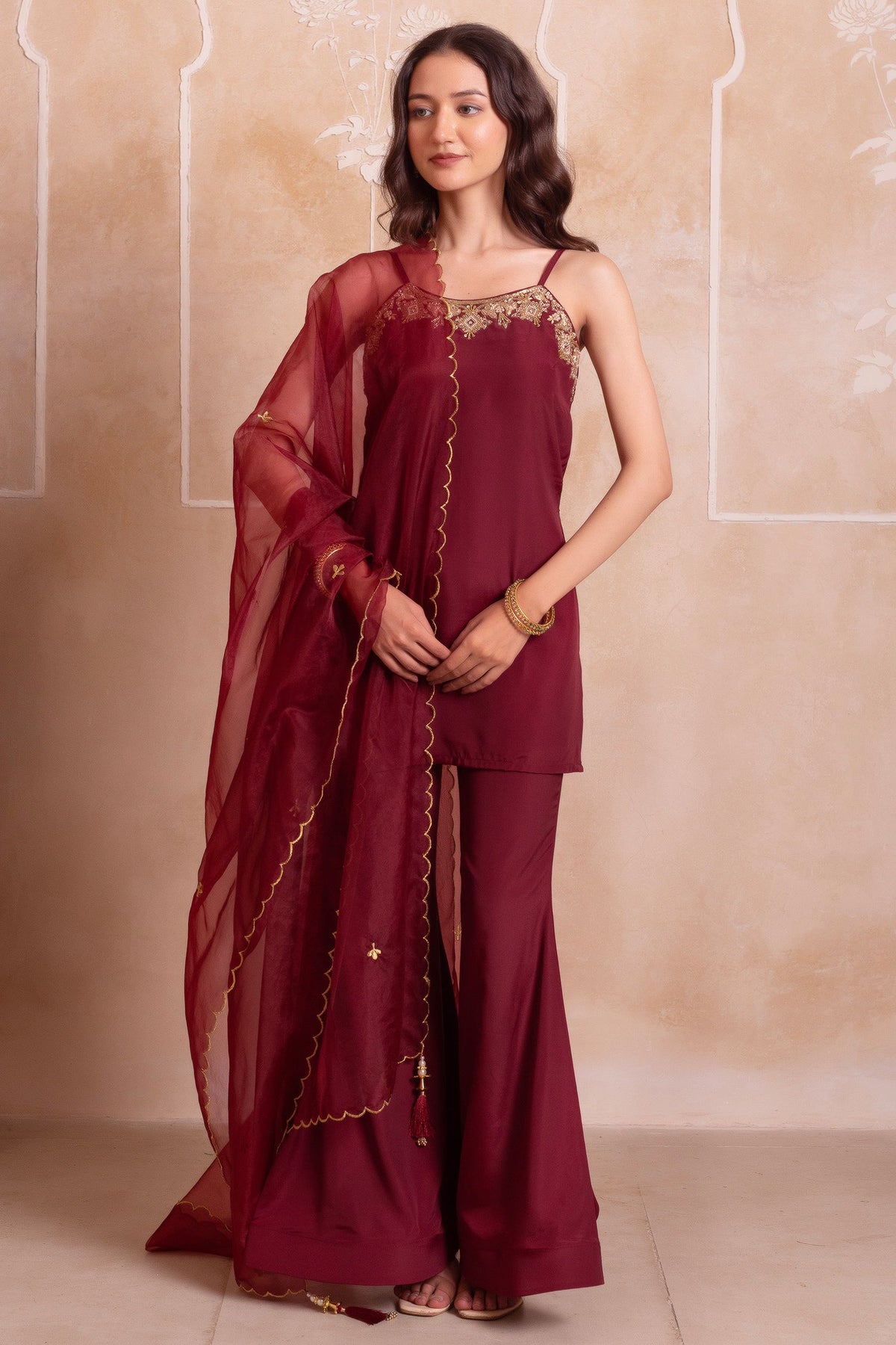 Wine Maroon Crepe Noodle Strap Sharara Suit