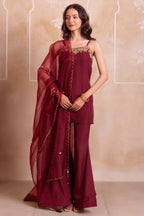 Wine Maroon Crepe Noodle Strap Sharara Suit