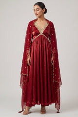 Deep Maroon Organza Embroidered Anarkali Suit