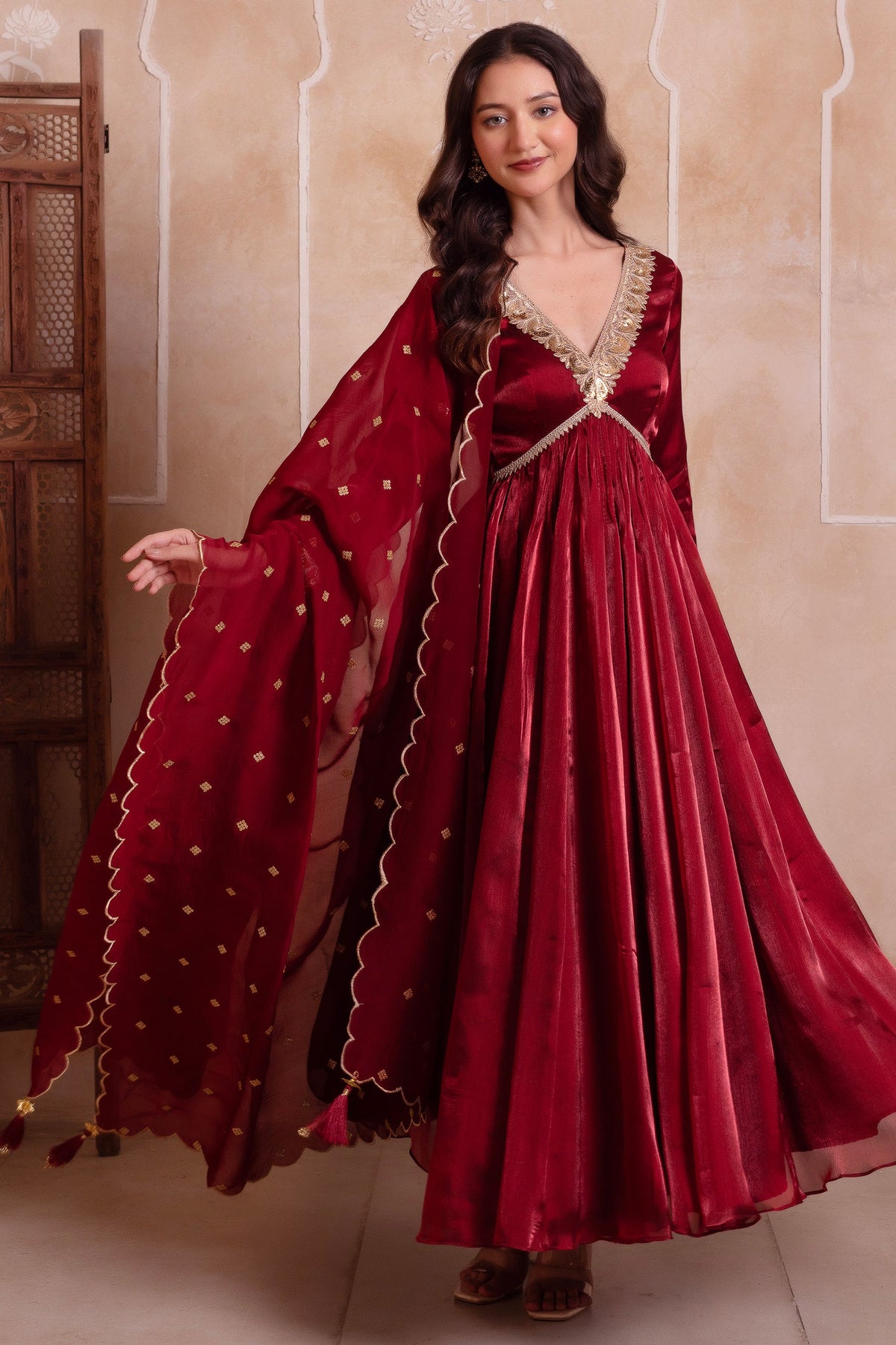 Deep Maroon Organza Embroidered Anarkali Suit
