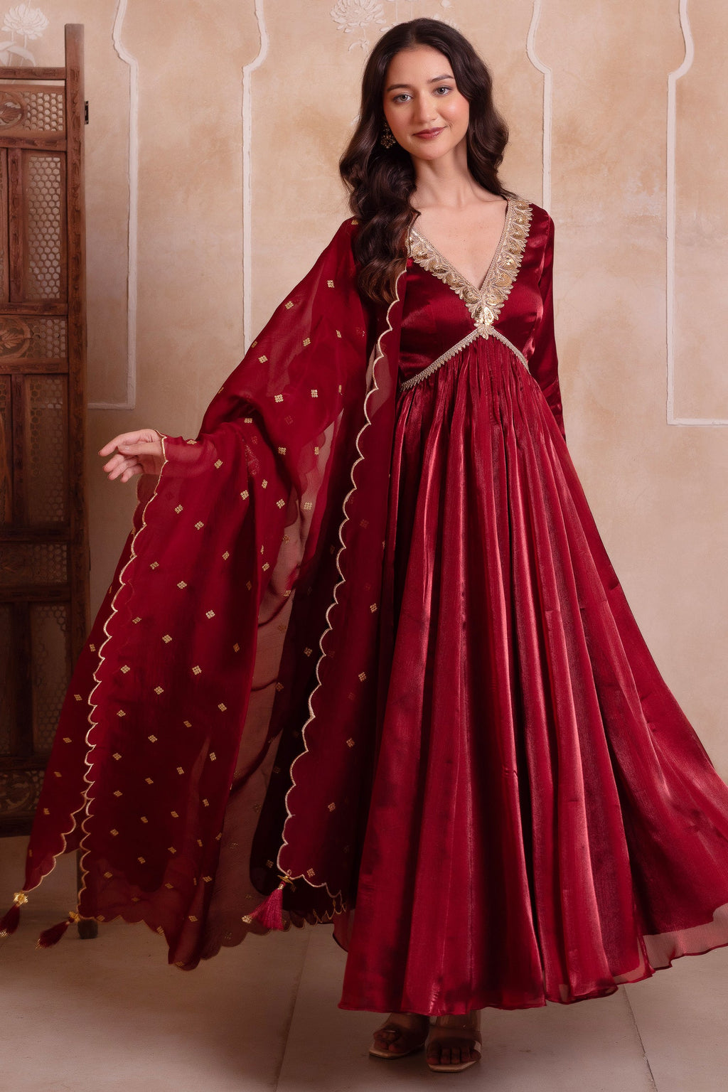 Deep Maroon Organza Embroidered Anarkali Suit