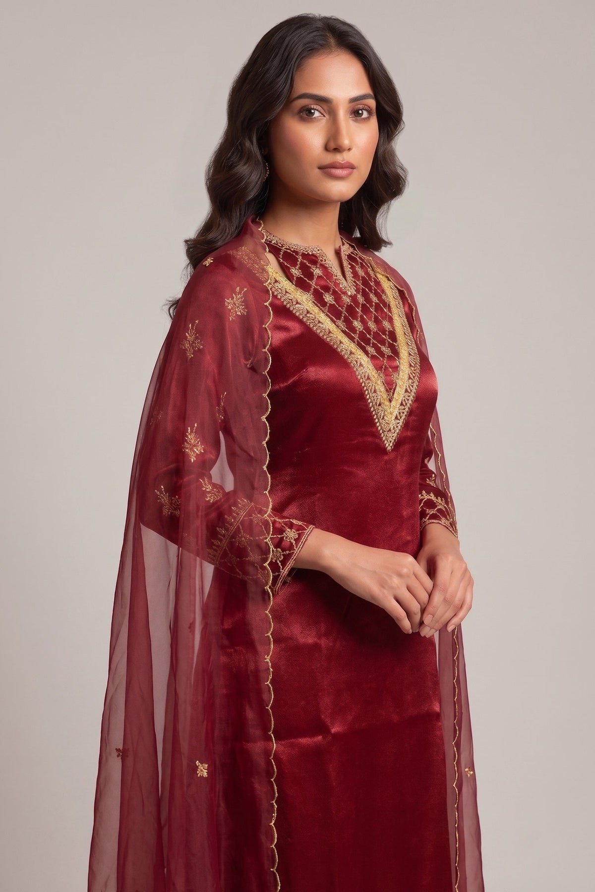 Wine Maroon Organza Zardozi Straight Suit Suit