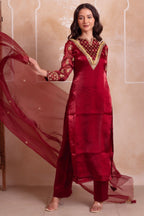 Wine Maroon Organza Zardozi Straight Suit Suit