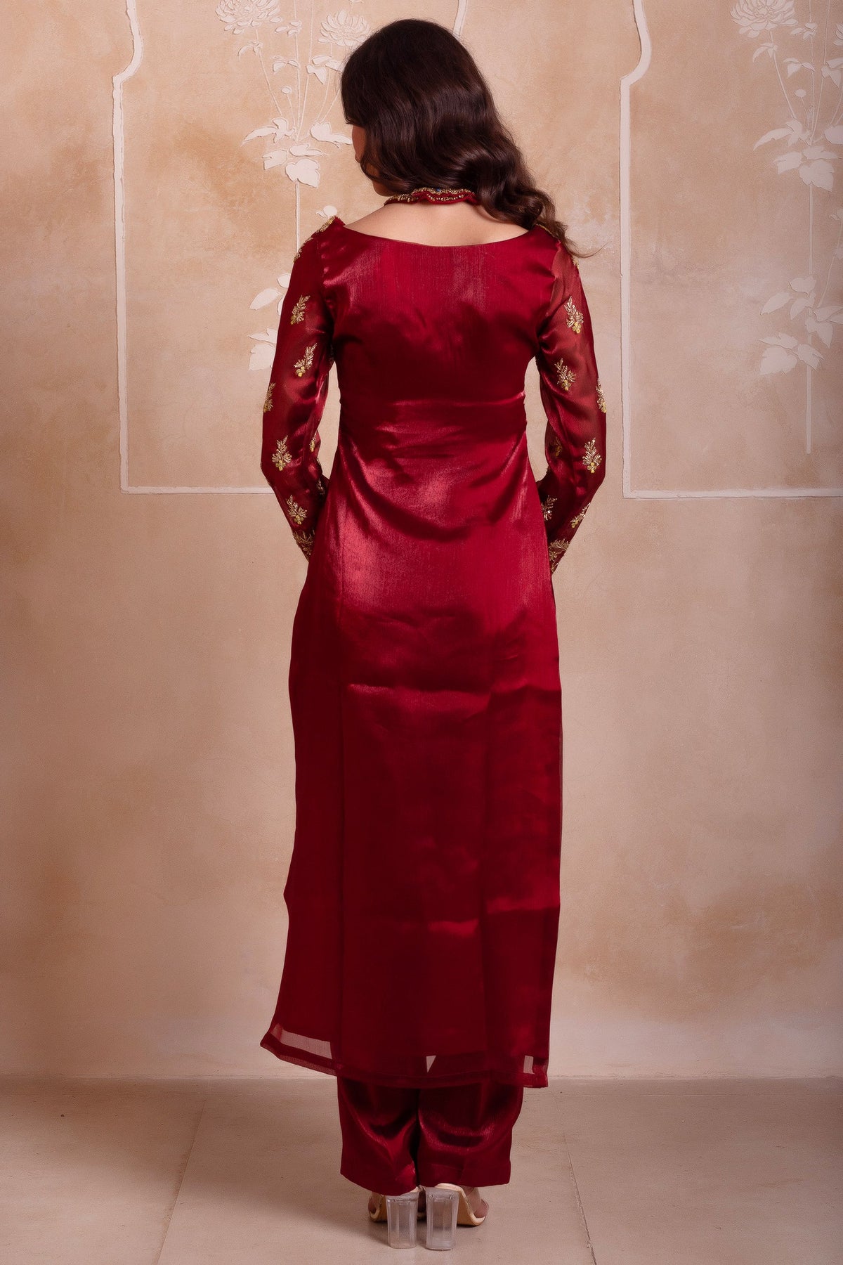 Wine Maroon Organza Zardozi Straight Suit Suit