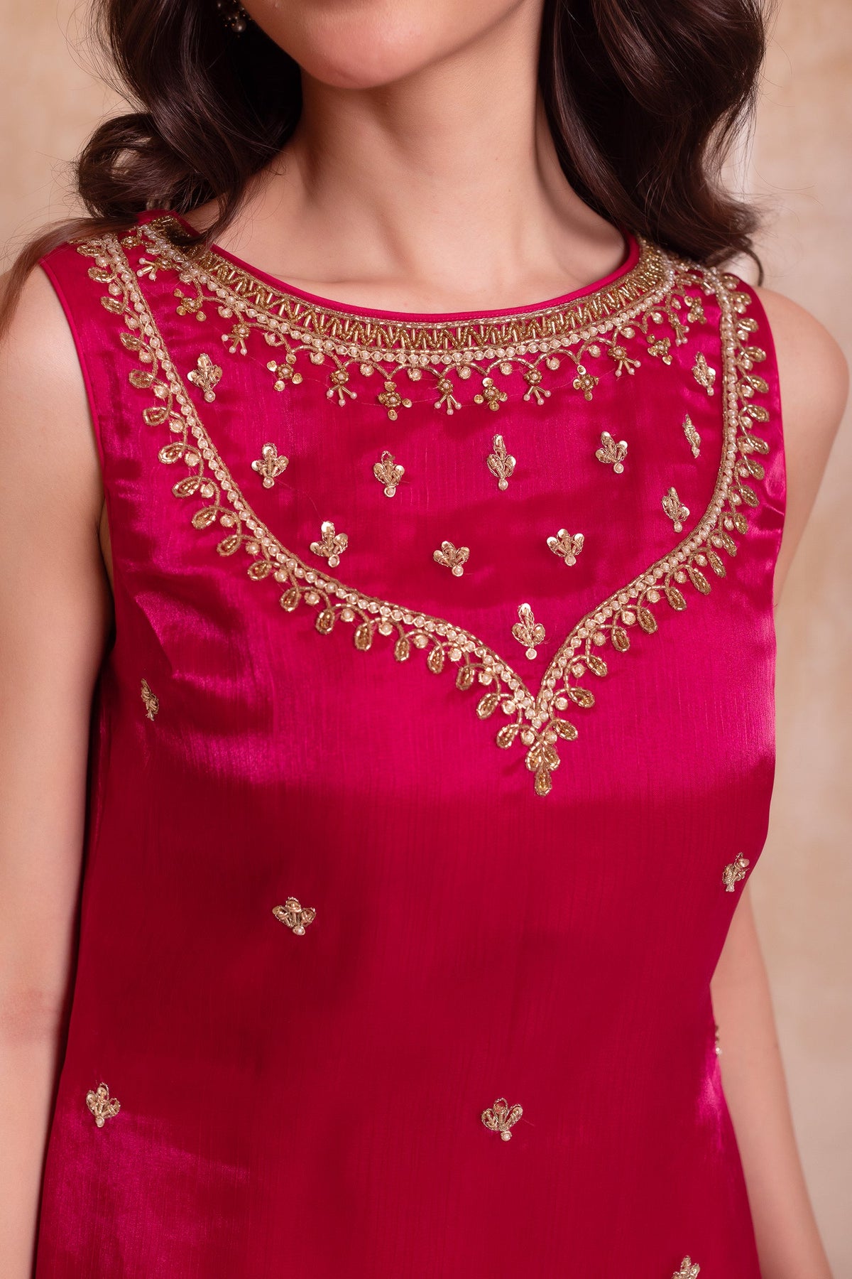 Vibrant Magenta Pink Organza Embellished Yoke Sharara Suit