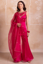 Vibrant Magenta Pink Organza Embellished Yoke Sharara Suit