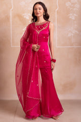 Vibrant Magenta Pink Organza Embellished Yoke Sharara Suit