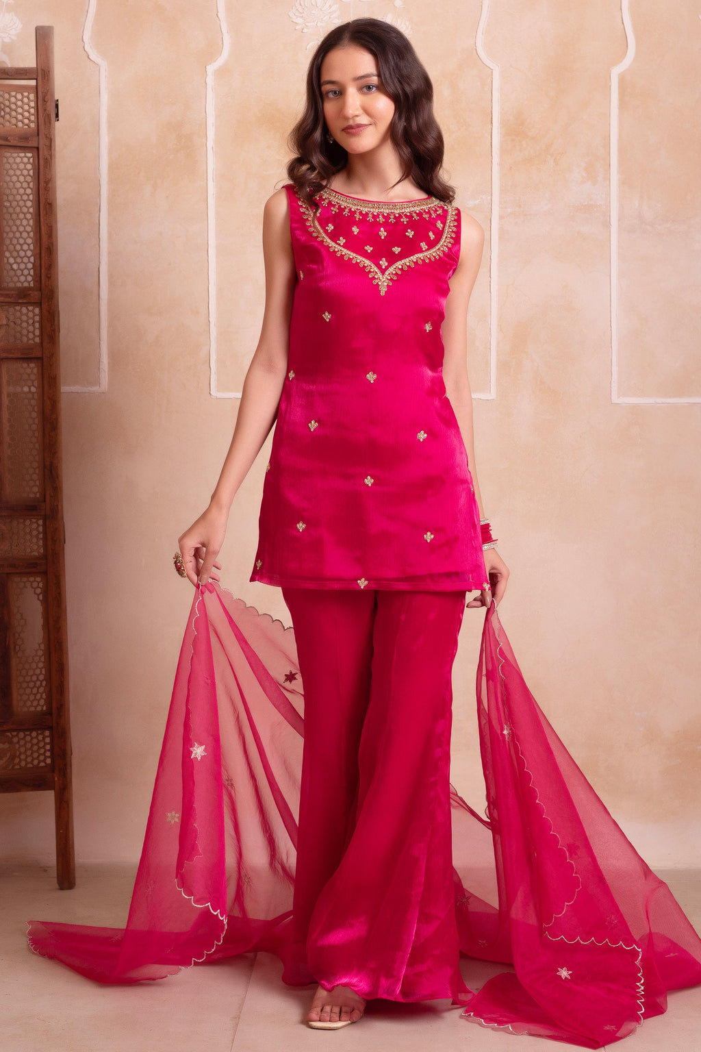 Vibrant Magenta Pink Organza Embellished Yoke Sharara Suit