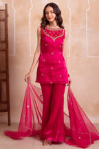 Vibrant Magenta Pink Organza Embellished Yoke Sharara Suit