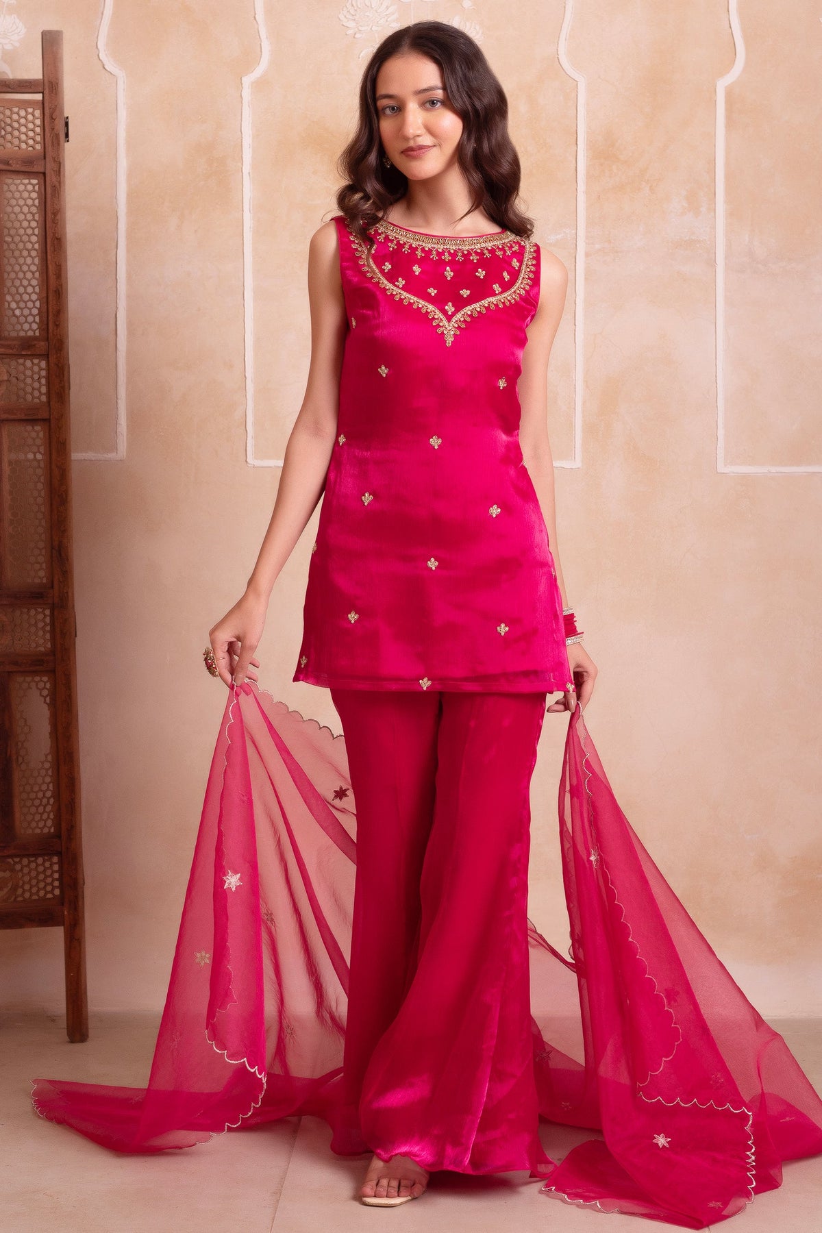 Vibrant Magenta Pink Organza Embellished Yoke Sharara Suit