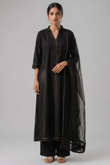 Jet Black Collared Cotton Straight Cut Suit