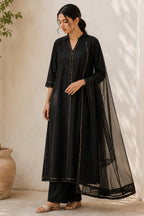 Jet Black Collared Cotton Straight Cut Suit