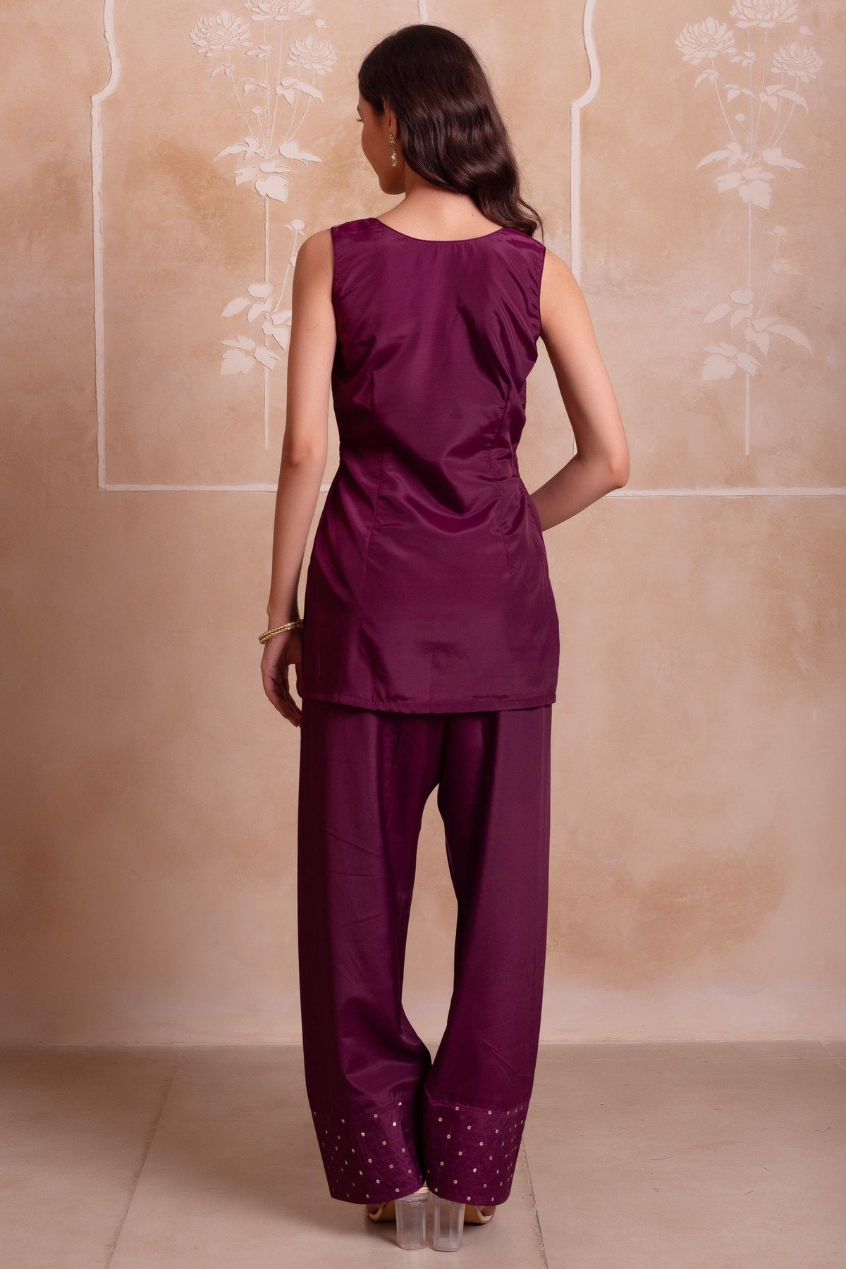 Purple Crepe Straight Embroidered Suit