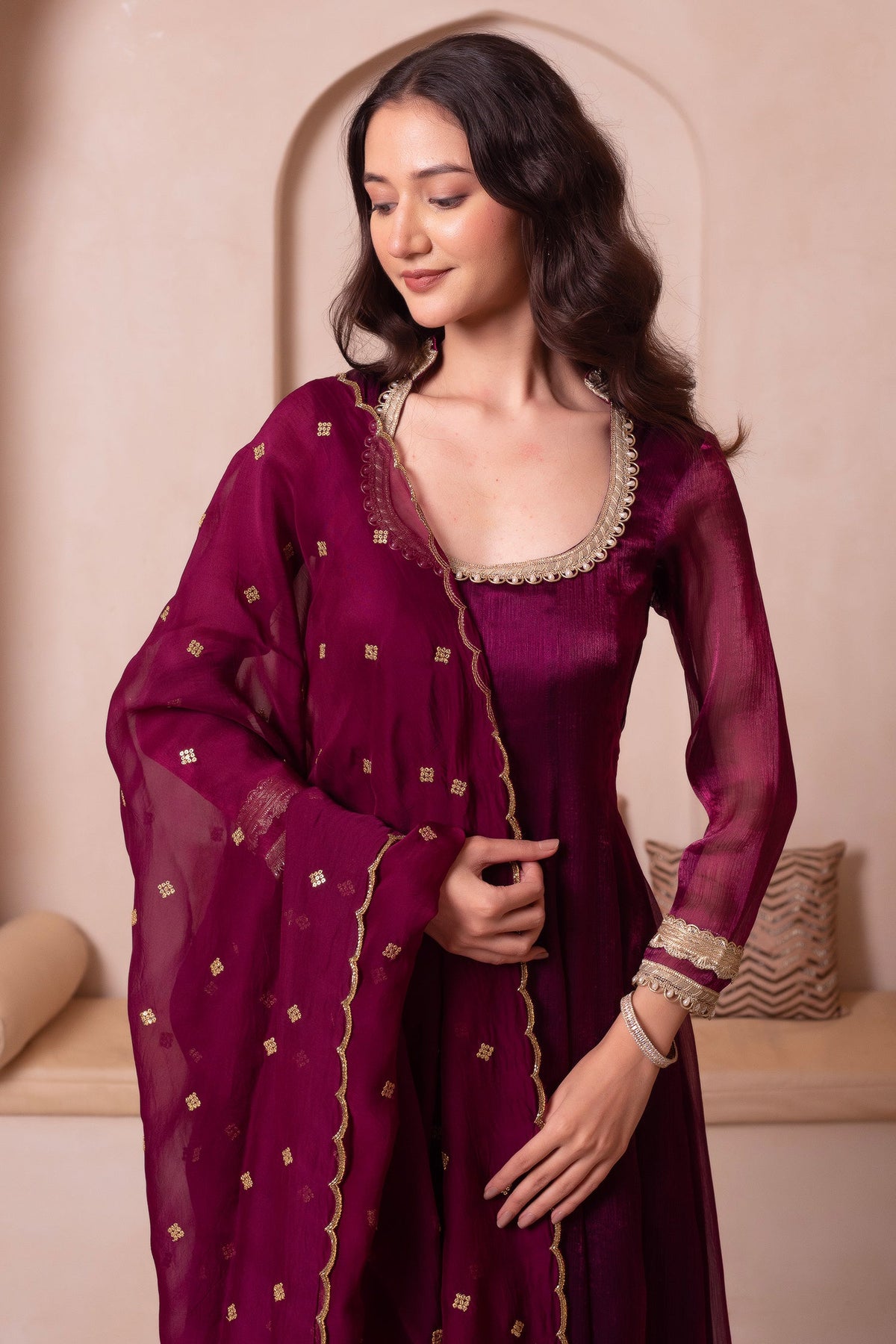 Purple Organza Flared Anarkali Suit with Scalloped Dupatta