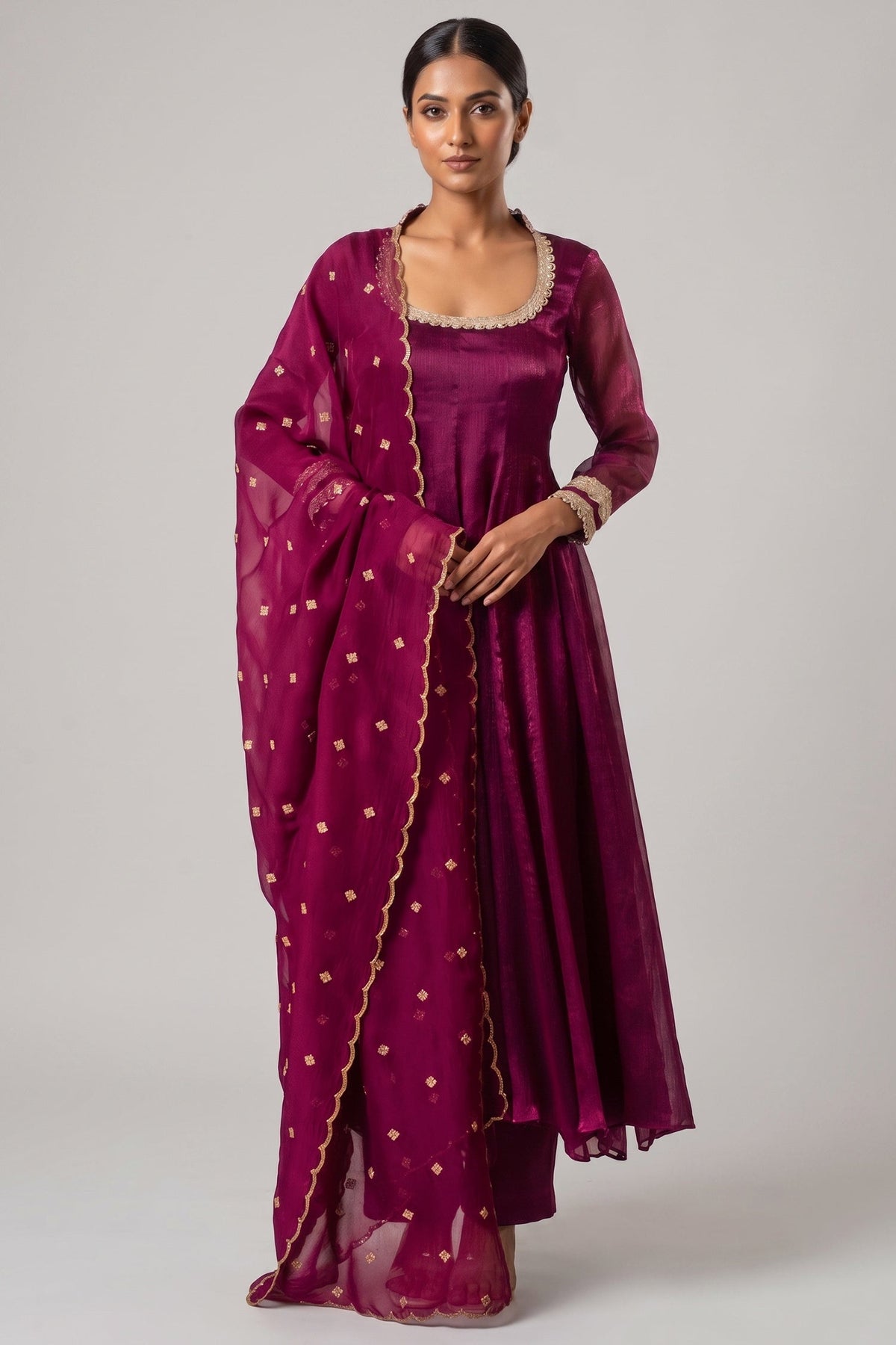 Purple Organza Flared Anarkali Suit with Scalloped Dupatta
