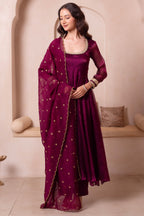 Purple Organza Flared Anarkali Suit with Scalloped Dupatta